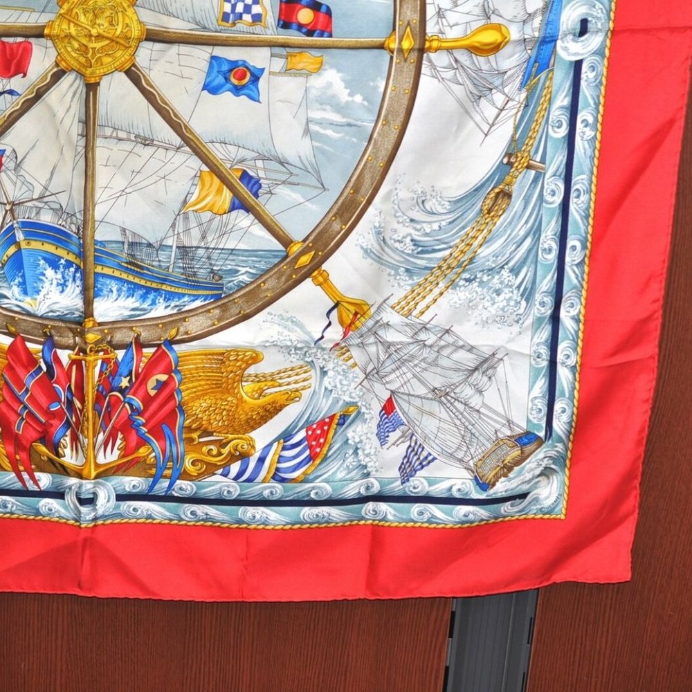 Authentic HERMES Carre 90 Scarf "Vive Le Vent" Silk Red - Picture 6 of 13
